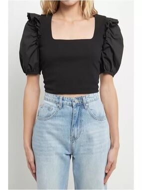 English factory mixed media puff sleeve knit top